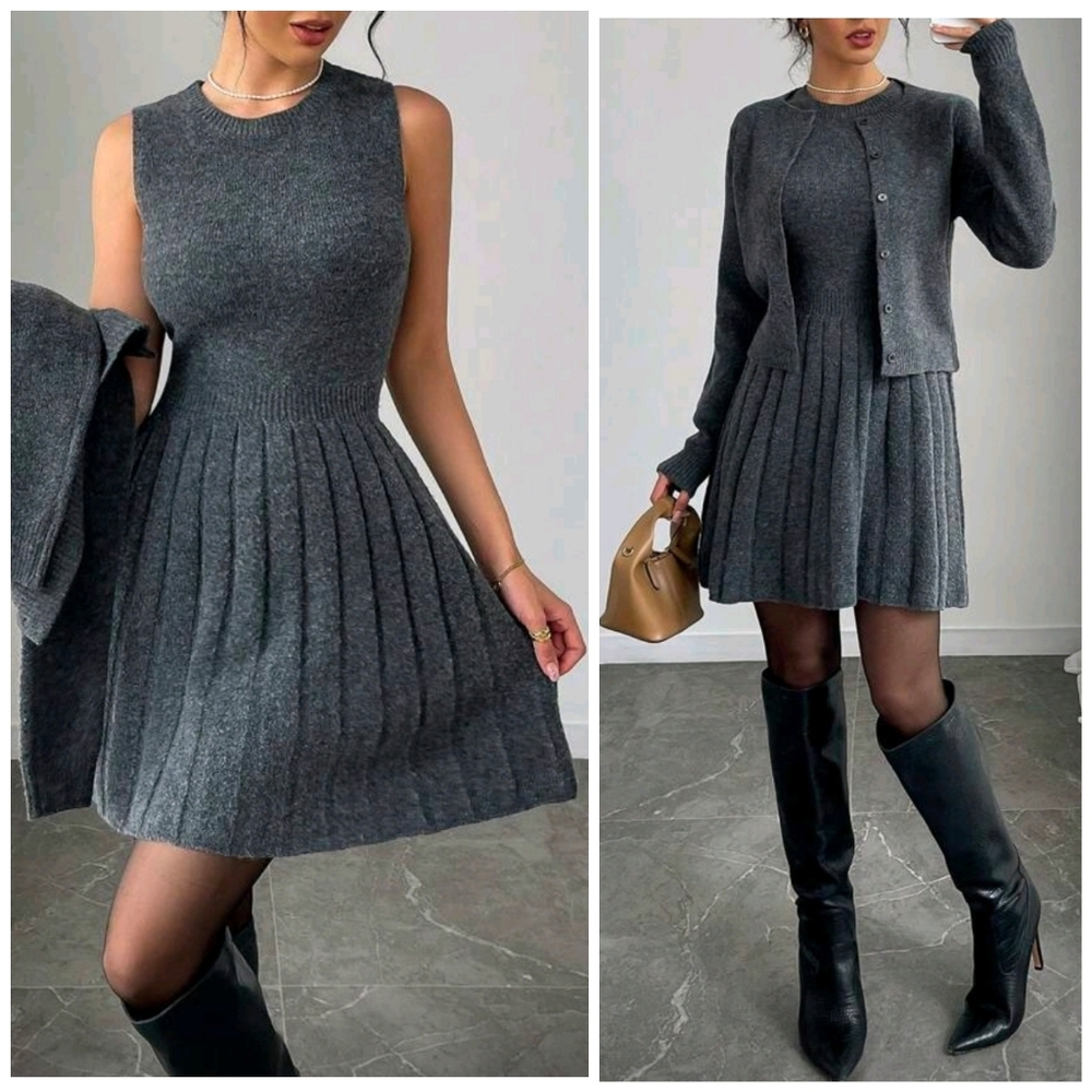 New Luxe Knit Pleated Sweater Dress Cardigan Set Gray